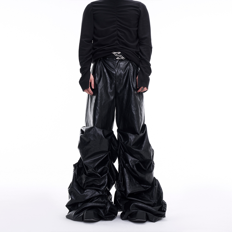 Startexceedend Original Niche Stacked Pleated Wide-Leg Casual Pants for Men, Autumn and Winter Floor-Length Leather Pants