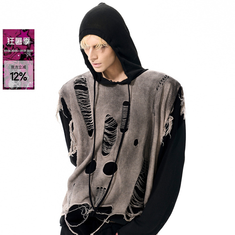 Startexceedend Design-Inspired Distressed Two-Piece Sweater for Men, Autumn Dirty-Dye Hooded Knitwear for Boys