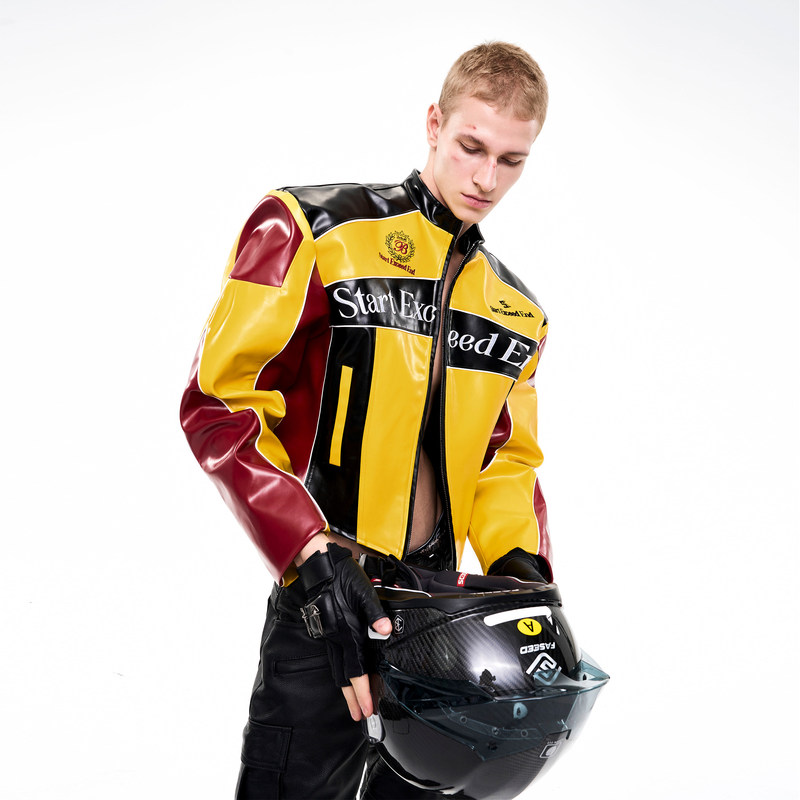 See Porsche Color Scheme Motorcycle Leather Jacket for Men, Autumn and Winter, Logo Embroidery, Men's Stand Collar Short Leather Jacket, Trendy See Porsche Color Scheme Motorcycle Leather Jacket for Men, Autumn and Winter, Logo Embroidery, Men's Stand Collar Short Leather Jacket, Trendy