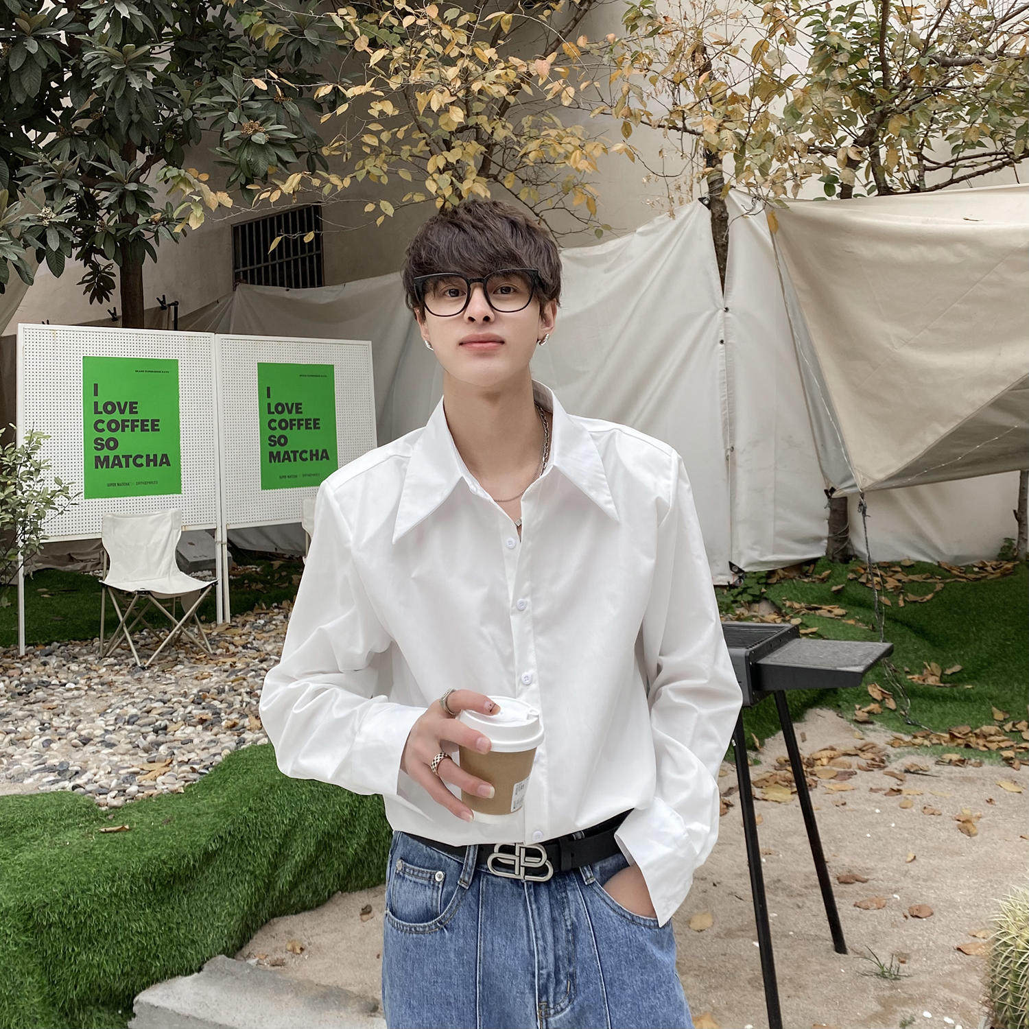 White shoulder pad shirt men's advanced sense autumn and winter new trendy design sense Korean version loose men's tie shirt