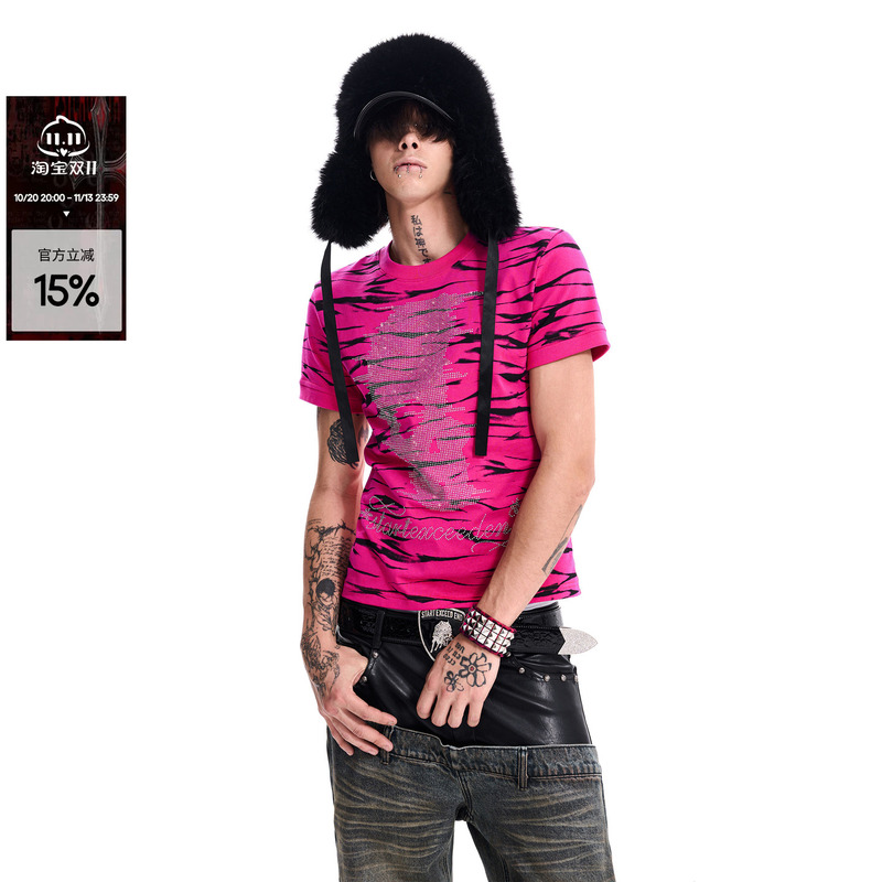 Startexceedend Rhinestone Skull T-Shirt for Men Summer Niche Animal Print Pure Cotton Short Sleeve Trendy