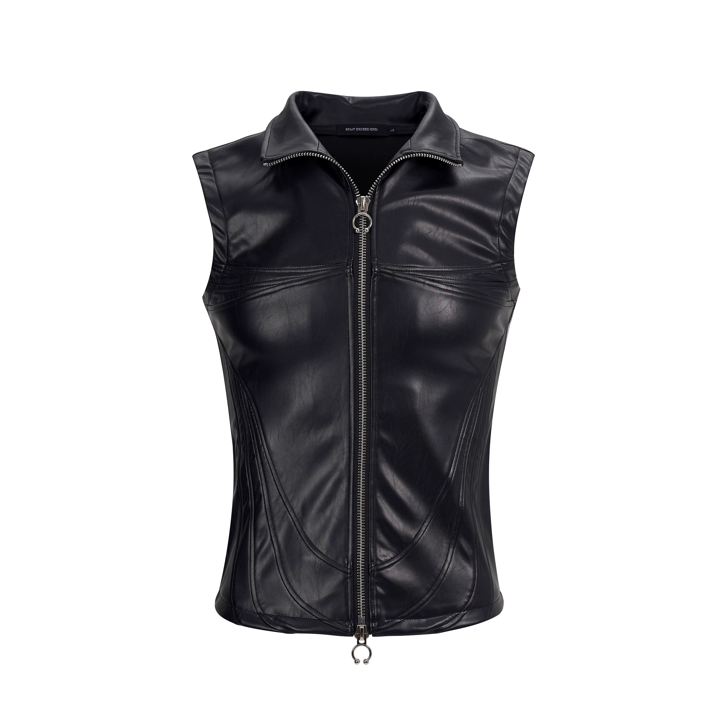 Black polyurethane vest, autumn jacket with zipper sleevless, tight