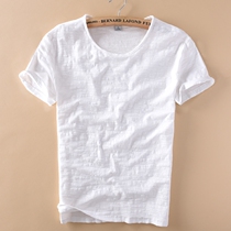 Soft slub cotton short-sleeved T-shirt mens casual thin Japanese worn burrs round neck slim cotton mens T-shirt