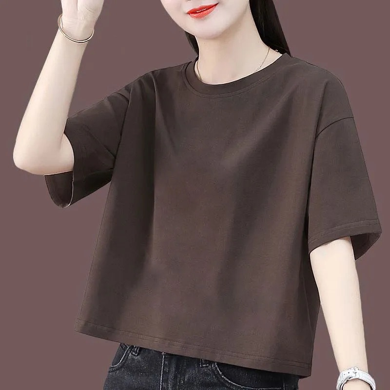 Pure Cotton 2025 New Women's Summer Short-Sleeve T-Shirt, Loose and Fashionable Solid Color Short Top for Petite Women, Trendy Pure Cotton 2025 New Women's Summer Short-Sleeve T-Shirt, Loose and Fashionable Solid Color Short Top for Petite Women, Trendy