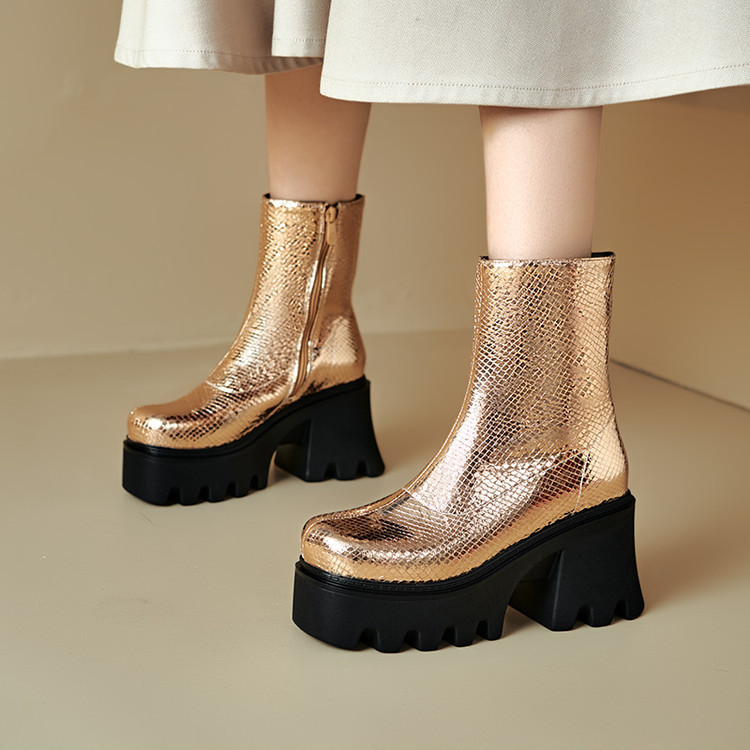 34-44 High-Heeled Gold and Silver Short Boots, New Style Chunky Heel Fashion Boots, Waterproof Platform Thick Sole, Versatile Martin Boots with a Stylish Look