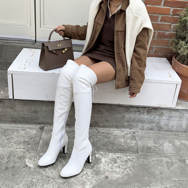 48 European and American Style White and Black Chunky Heel Slimming Elastic Boots High Heel Model Runway Performance Over-The-Knee Long Boots Plus Size 48 European and American Style White and Black Chunky Heel Slimming Elastic Boots High Heel Model Runway Performance Over-The-Knee Long Boots Plus Size