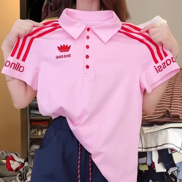 Pink Lapel Short-Sleeved T-Shirt for Women 2026 Summer New Style Unique Letter Embroidery Casual Slimming Polo Shirt