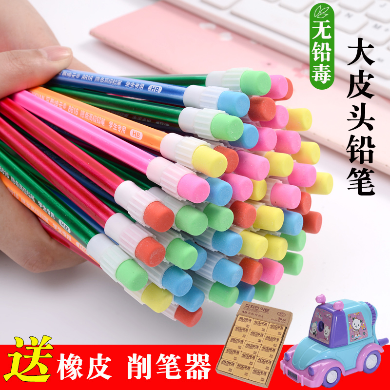 Large leather head pencil 100 hexagon HB lead-free kindergarten children's cartoon color rod writing pencil wholesale