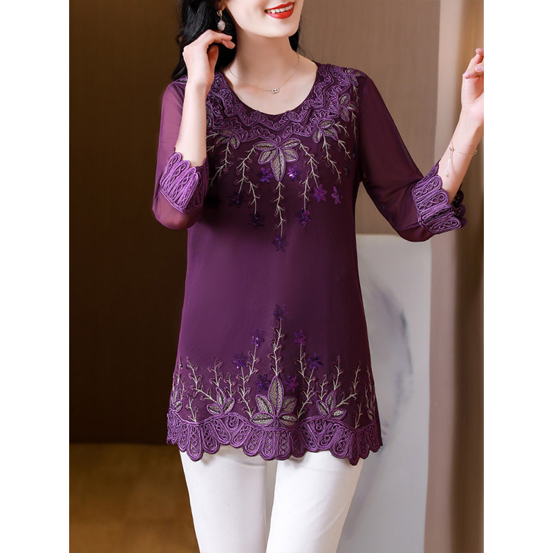 Middle aged mother Spring loaded embroidery Heavy work blouses in older women's clothing Snowspinning 70% Sleeve Small Shirts FLOWERS New