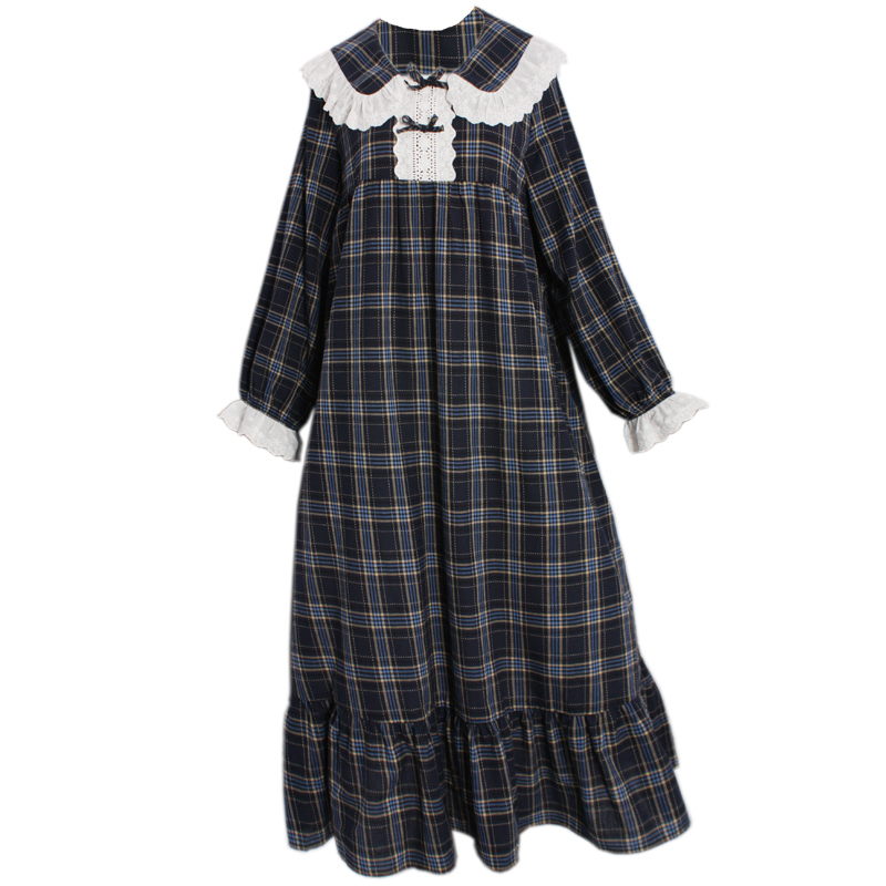 Summer Pure Cotton Doll-Style Antique Dress Nightgown, All-Cotton Cute and Sweet Loungewear, Short-Sleeved Pajamas with Sailor Collar and Plaid Pattern