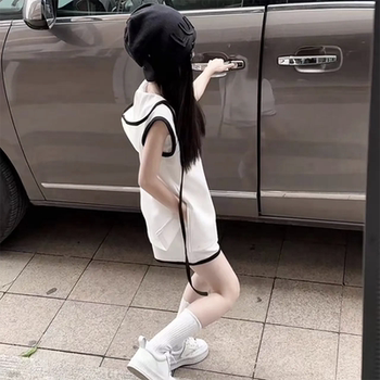 ເດັກຍິງ summer ແບບເກົາຫຼີ contrast color hooded vest shorts set