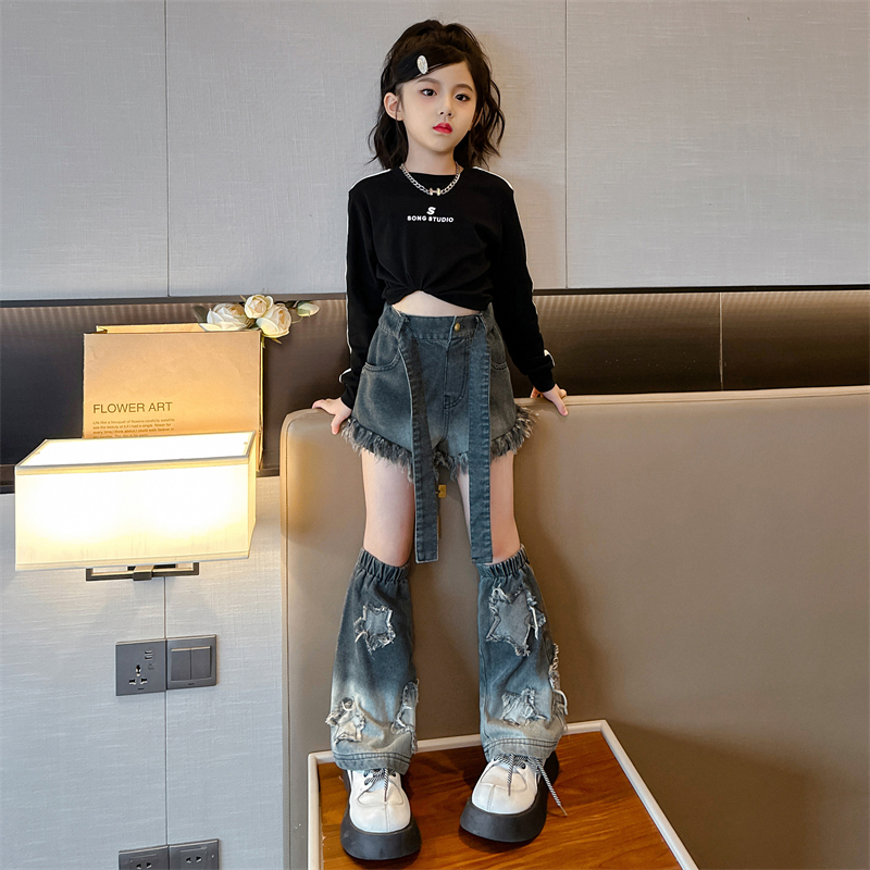 Online Red Fashion Exploits Design Sensation Two Wear Hair Side Denim Shorts Girl Trendy Tide Children Street Wind Pants-Taobao