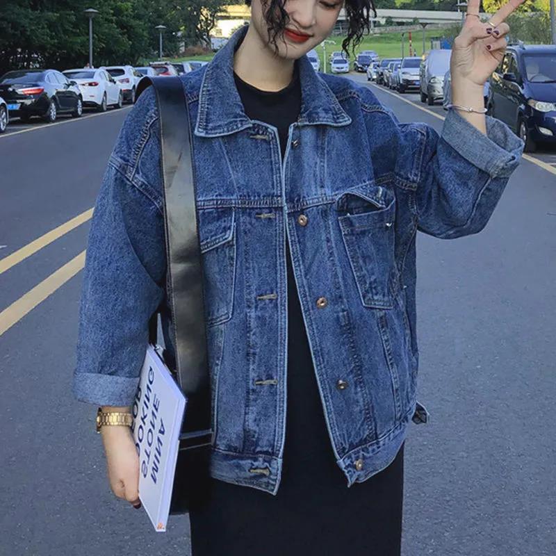 Korean Style Plus Size Loose Bf Style Denim Jacket for Women, Mid-Length Versatile Cardigan Denim Coat for Spring and Autumn