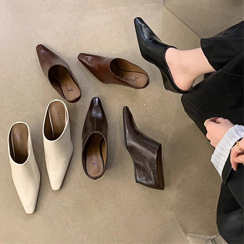 Hong Kong Wedge Heel Closed-Toe Half Slippers for Women 2026 New Spring and Summer Square Toe High Heel Slip-On Mules