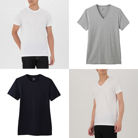 Super Comfortable! 2-Pack Men's Japanese-Style Jersey Cotton Undershirts, Pure Cotton Sweatshirts Without Side Seams, Round Neck/V-Neck Short-Sleeve T-Shirts