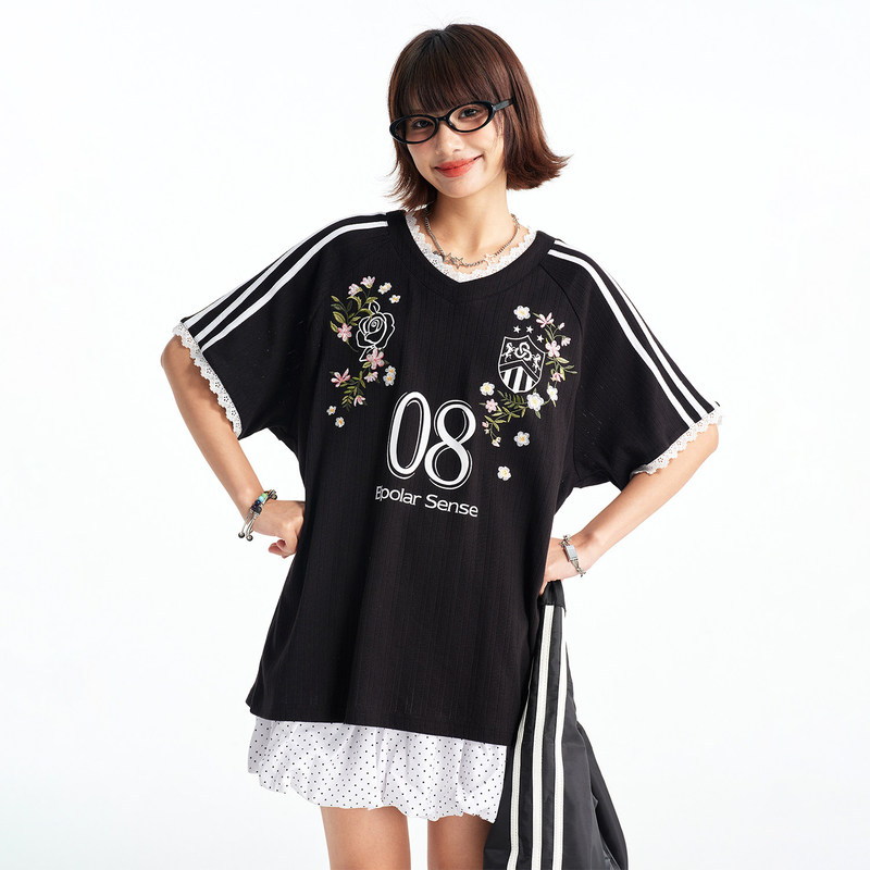 Bipolar Over-The-Shoulder Floral Embroidered Short-Sleeve Heavy-Duty Design Casual Loose Top Round Neck Versatile Basic T-Shirt