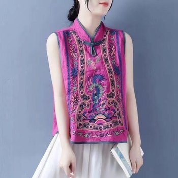 Ethnic style sleeveless cotton linen top for women's summer embroidered vest