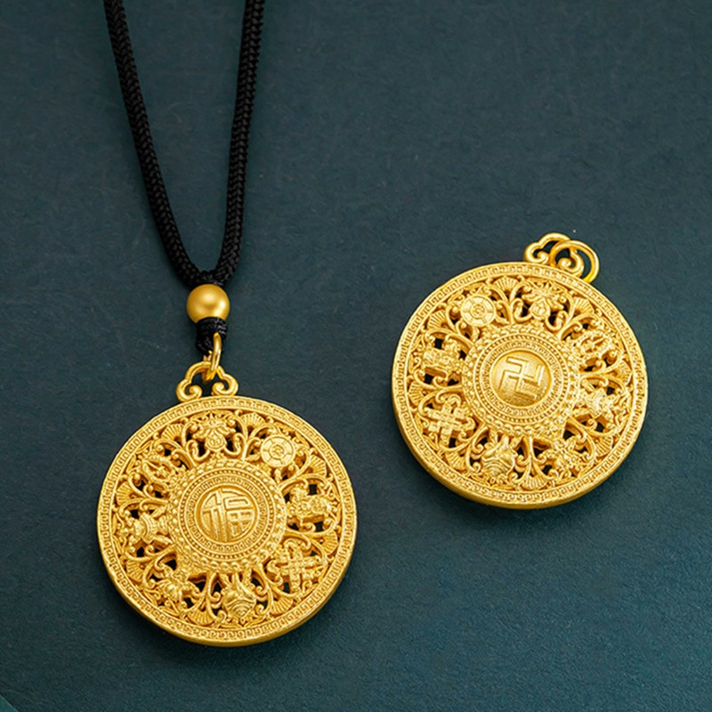 Vietnamese Sand Gold Eight Treasures Compass Pendant Necklace for Men and Women, Simulated Gold Color, Braided Rope Long Sweater Chain, Chinese Style