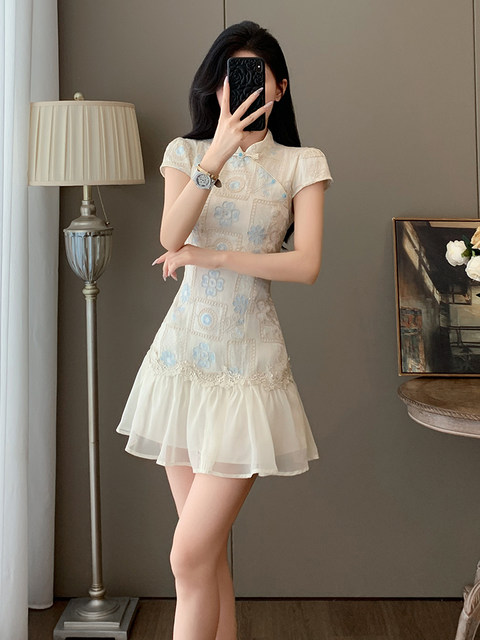 Summer Elegant Stand-Up Collar Stunning Embroidered Patchwork Improved Cheongsam Dress for Women, Vintage Button New Chinese Style National Dress