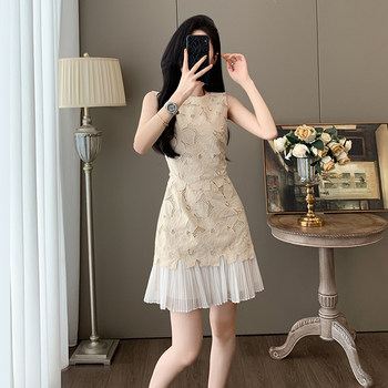 Summer Fashion Socialite French-Style Hollow Embroidery Patchwork Sleeveless Pleated Chanel-Style Vest Dress for Women with a High-End Feel