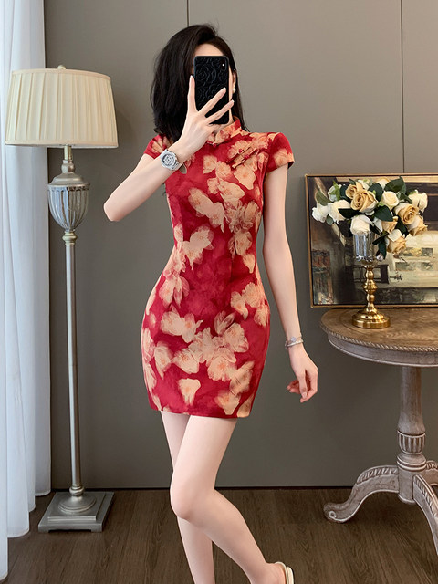 Summer Fashion New Chinese Style Stand-Up Collar Buttoned Dress for Women, Elegant Retro Stunning Slim-Fit Improved Cheongsam Dress