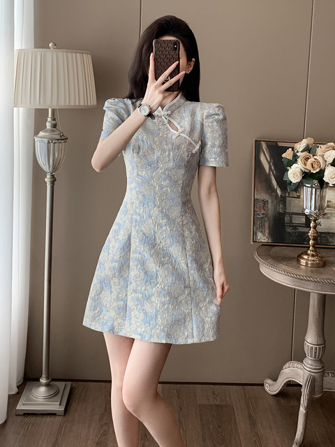 Summer Cheongsam, New Chinese-Style Women's Clothing, Chinese-Style Skirt, Petite Design, Elegant Puff Sleeves, A-Line Dress