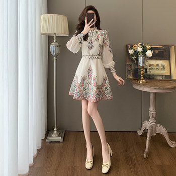 Fashionable, Elegant, Light Luxury, Stunning Waist-Cinching Dress for Women, Autumn French Retro Style, Palace-Style Printed Dress