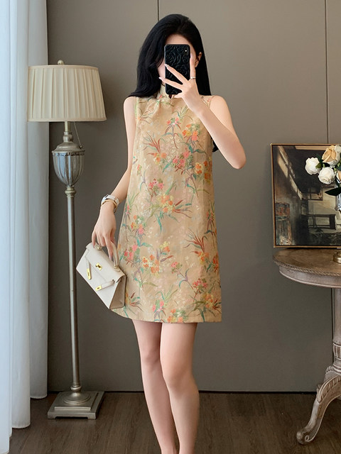 Summer Fashion New Chinese Style Sleeveless Jacquard Dress for Women, National Style Elegant Stand-Up Collar, Stunning Loose-Fitting Improved Cheongsam Dress