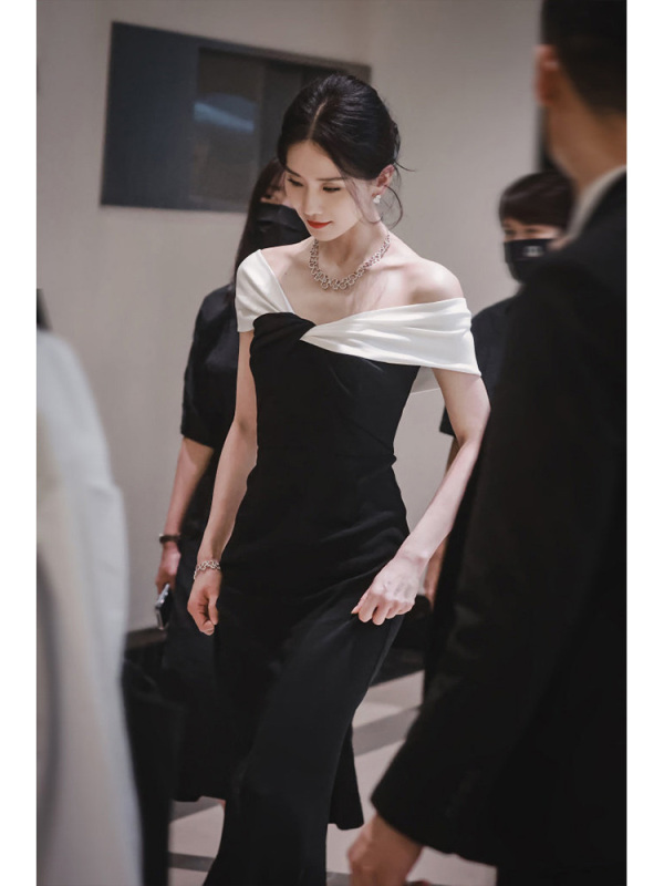 French-Style Black and White Off-Shoulder Satin Elegant Slimming Birthday Annual Meeting Party Host Banquet Evening Dress for Women French-Style Black and White Off-Shoulder Satin Elegant Slimming Birthday Annual Meeting Party Host Banquet Evening Dress for Women