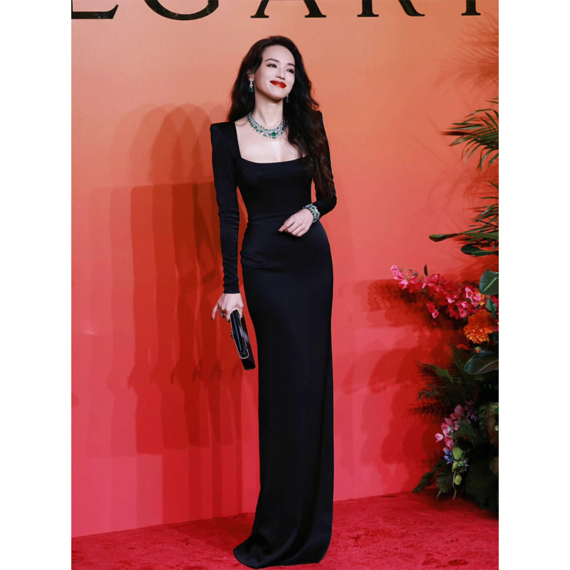 French-Style High-End Black Satin Long-Sleeve Evening Gown for Banquets, Annual Meetings, Birthday Parties, and Hosting Events, Featuring a Slimming and Elegant Design