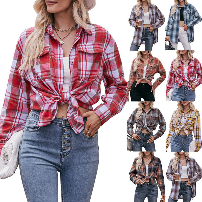 2023 Amazon Women's Clothing Autumn and Winter New Arrivals Cross-Border European and American Casual Fashion Loose Plaid Print Shirt Tops