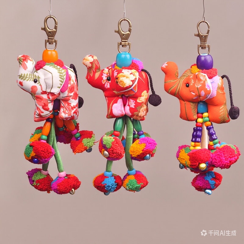 Cute Thai Elephant Keychain with Floral Fabric, Cartoon Elephant Travel Souvenir Gift from Southeast Asia