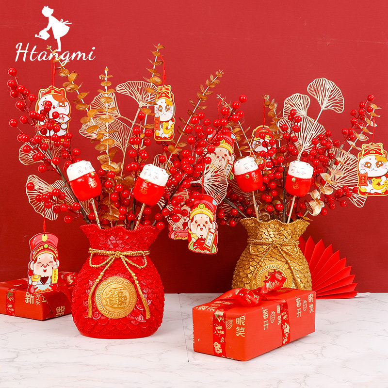 2022 New Year Home Swing Accessories Money Bags Blessed Barrel Winter Green Silver Willow Dried Flowers Fake Flowers Vase Floral Floral Floral Flower