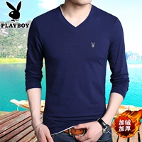 Áo thun mới tay dài Playboy nam mùa thu và mùa đông cộng với chất liệu nhung ấm áp của Hàn Quốc Slim Green trung cổ đôi chữ V áo thun nam tay lỡ