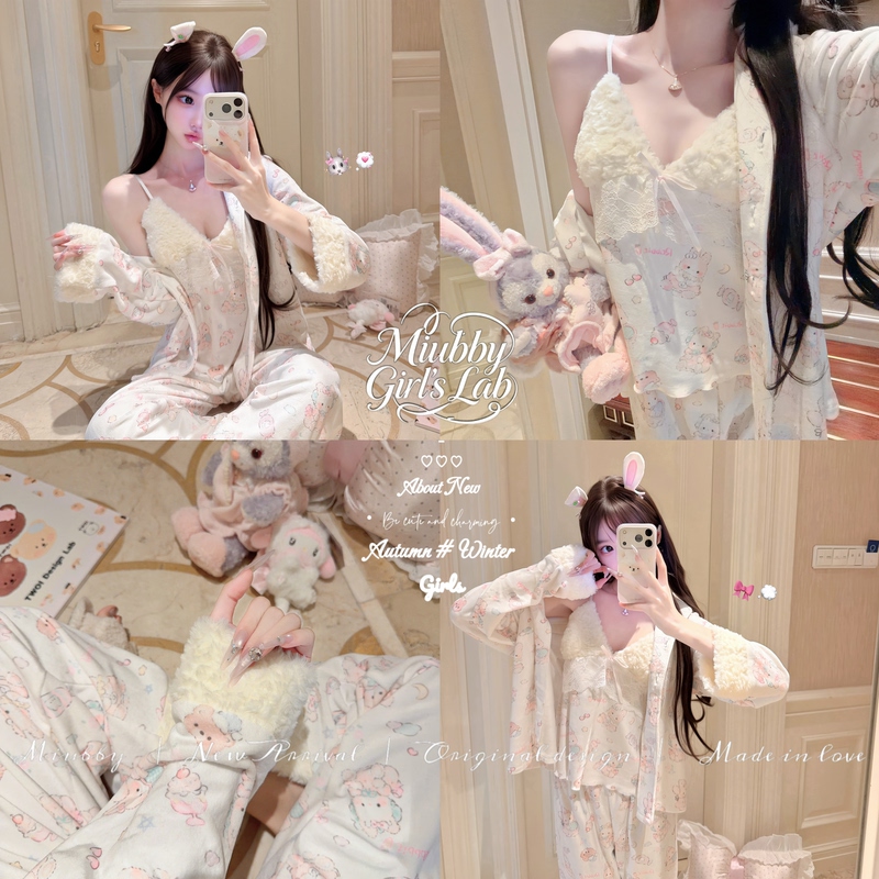 Miubby's'Cream Bunny Candy' Sweet and Pure Island Velvet Pajamas Three-Piece Set 26 Autumn and Winter Warm Loungewear Miubby's'Cream Bunny Candy' Sweet and Pure Island Velvet Pajamas Three-Piece Set 26 Autumn and Winter Warm Loungewear