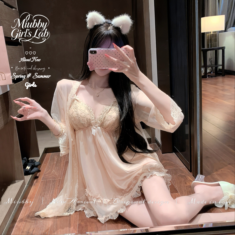 Miubby's "Cloud Veil Evening" Pure and Gentle Style Mesh Nightgown Robe Set with Chest Pads, Comfortable Loungewear Miubby's "Cloud Veil Evening" Pure and Gentle Style Mesh Nightgown Robe Set with Chest Pads, Comfortable Loungewear