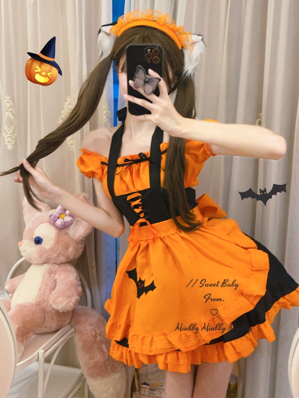 Original Line Cute Ghost ◆ Bat Embroidery Sexy Off-Shoulder Halloween Cosplay Maid Outfit Lolita Dress