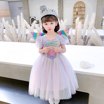 Summer 61 Unicorn Princess Dress New Girl Rainbow One-piece Dress Children Angel Wings Fluffy Dress