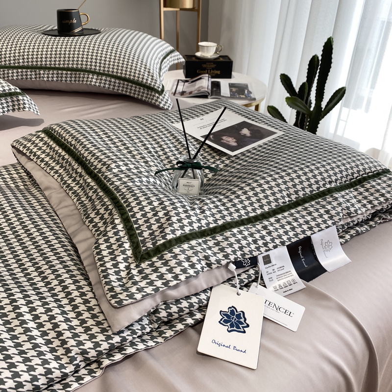 High-end light luxury wind tencel four-piece satin ice silk naked sleeping bed sheet quilt cover summer cool feeling houndstooth quilt cover