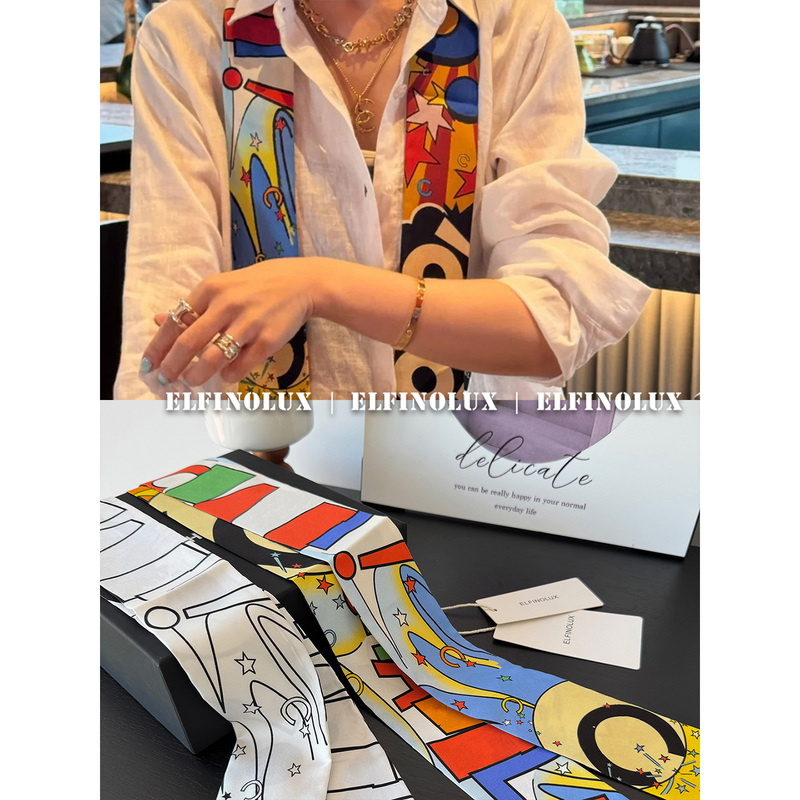 Elfinolux 26A-7 Annual Hot Item Versatile Comic Style Boxer-Style Double-Sided Ribbon Accessory Scarf Women's Silk Scarf