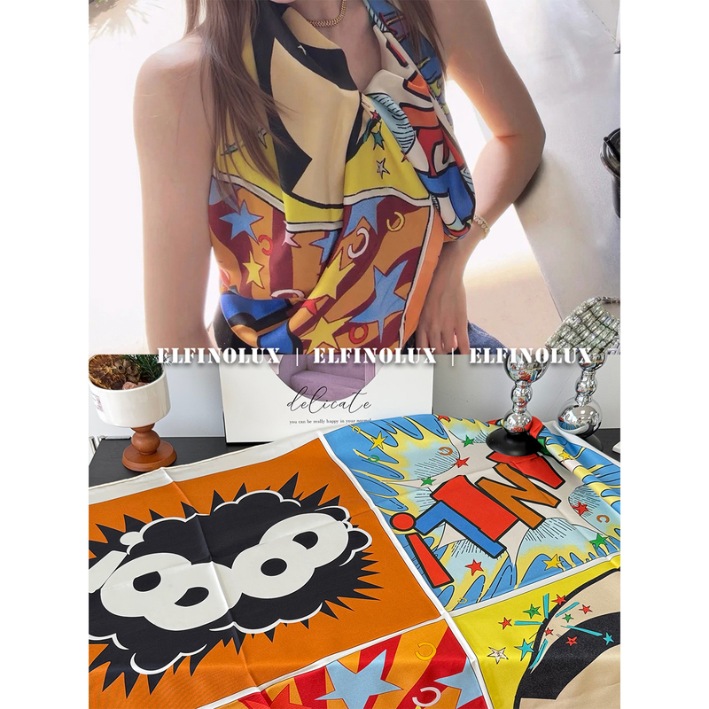 Elfinolux 26-7 Rich Colors, Multi-Element Comic Visual Style New Silk Scarf, Square Scarf, Women's Neck Scarf Accessory