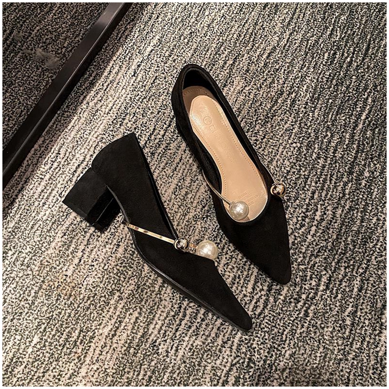 Pointed Wrap Shoes Woman 2022 Spring Autumn Season New 100 hitch thick heel Black Pearl French high heel Shoe