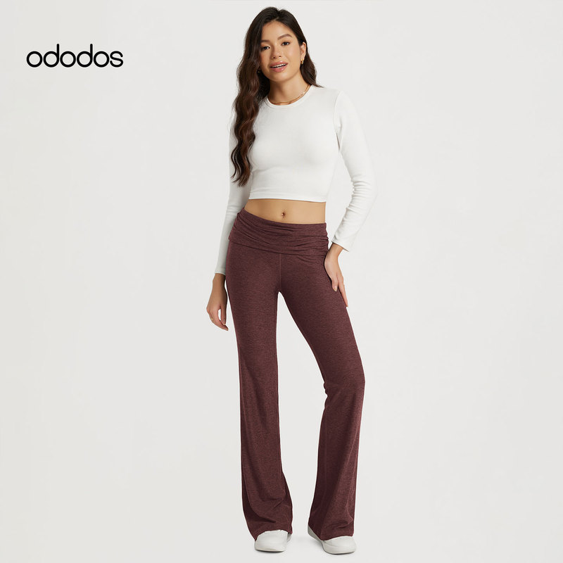 Ododos Women's Flared Pants Low-Waist Yoga Pants Leggings with Folded Waistband Slimming Casual Sports Pants