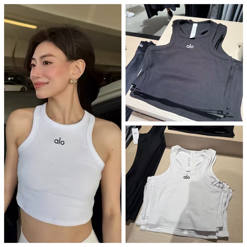 Authentic Alo New Breathable Ribbed Short Vest with Lettering for Yoga, Sports, Running, Fitness, Everyday Wear, and Layering