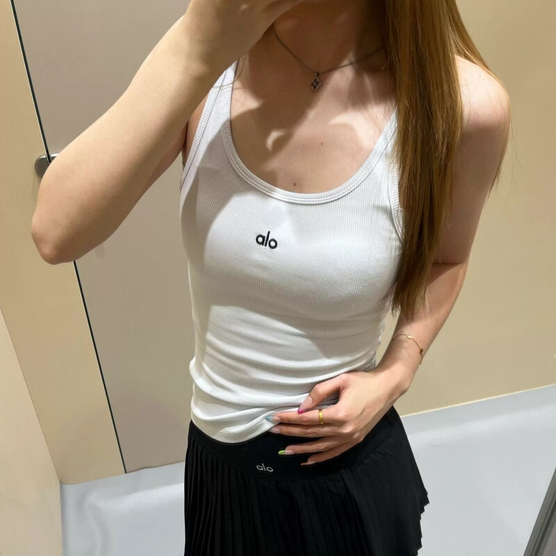 Authentic Alo Ribbed Tank Top with U-Neck, Thin Straps, Slim Fit, Casual Versatile Yoga Fitness Tank Top