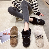 Flat thick-soled hairy shoes women wear the new 2020 burst style plus velvet cotton bow net red pedal Doudou shoes