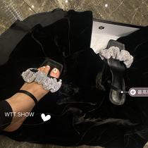 Yang Mi star with the same king high heels womens 2021 spring and summer new word with rhinestones square open toe sandals