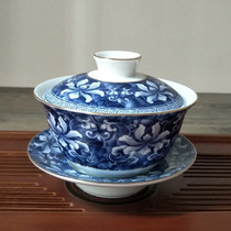 Ceramic Kung Fu tea set Household three-cai cover bowl Teacup Single blue and white gold antique tangled Lotus Puer tea bowl