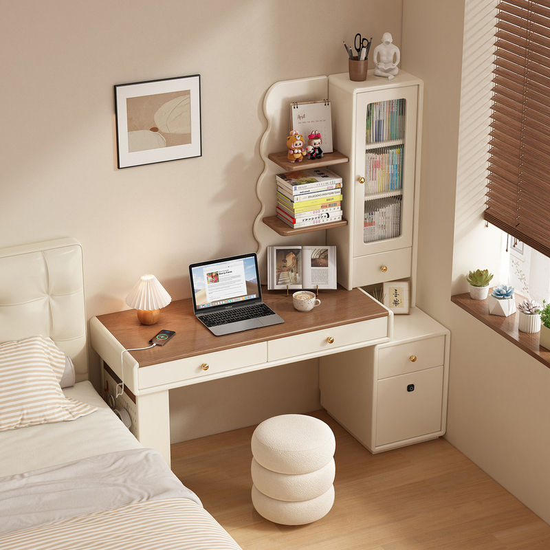 Solid Wood Corner Desk with Integrated Bookshelf, Retractable Against the Wall, Suitable for Small Apartments, Bedroom Dressing Table, Dual-Purpose Computer Desk