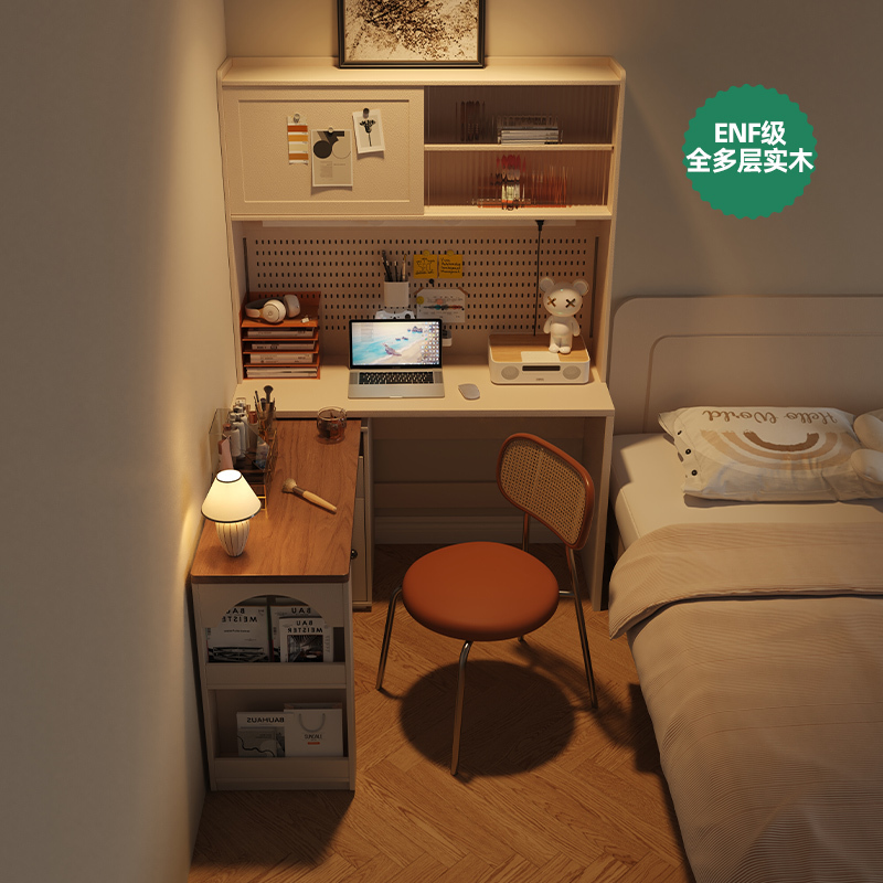 Solid Wood Rotating Folding Desk Bookshelf Integrated Corner Small Apartment Student Home Bedroom Corner Office Computer Desk